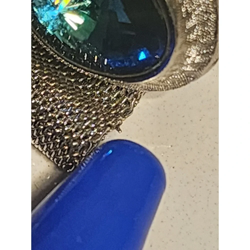 Vintage Silver Tone Blue Crystal Oval Mesh Wrap Around Cufflinks READ